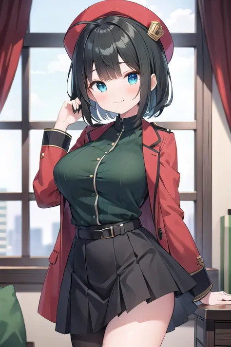 Adult high detective who looks like an elementary , very medium, 160 cm tall, black hair with a slight green tinge, short ahoge, beautiful short hair but with a little hair sticking out, beautiful round eyes, blue eyes, smile, boyish, long sleeves, skirt, ...