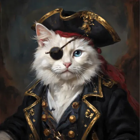 Beautiful white cat Pirate outfit Pirate's Hat Mysterious Eye patch fear Fantasy portrait excitement camera angle blue eyes