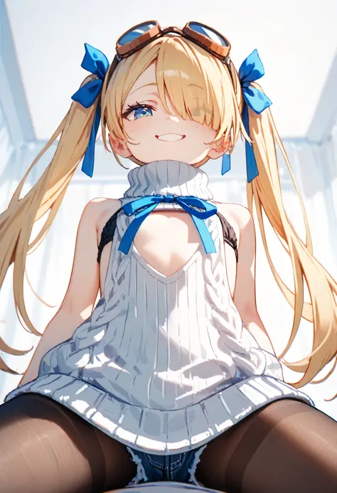 ((white virgin killer sweater, chest-less, blue ribbon:1.3)), ((black bra:1.0)), jacket, pantyhose, flat chest, skinny body, daisy duke shorts, Baby Face, tiny, eyewear on head, small goggles, twintail, hair over one eye, standing , blonde hair, smug, cowg...