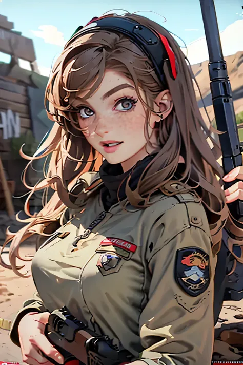 very pretty girl . She is 28 years old . Breast size 3 . height 180 cm . light grey eyes . brown-haired . . Wearing military uniform . soldier . She shoots with a gun . She smiles angrily .