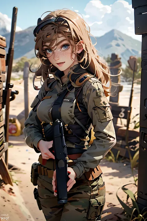 very pretty girl . She is 28 years old . Breast size 3 . height 180 cm . light grey eyes . brown-haired . . Wearing military uniform . soldier . She shoots with a gun . She smiles angrily .