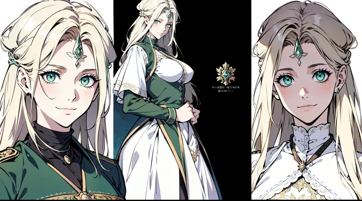 (absurdres, highres, ultra detailed),(absurdres, highres, ultra detailed), 1 female, adult, beautiful, tall lady, thin waist, smiling, ((large breasts)), finely detailed eyes and detailed face, elegant light blonde hair, white victorian military uniform wi...