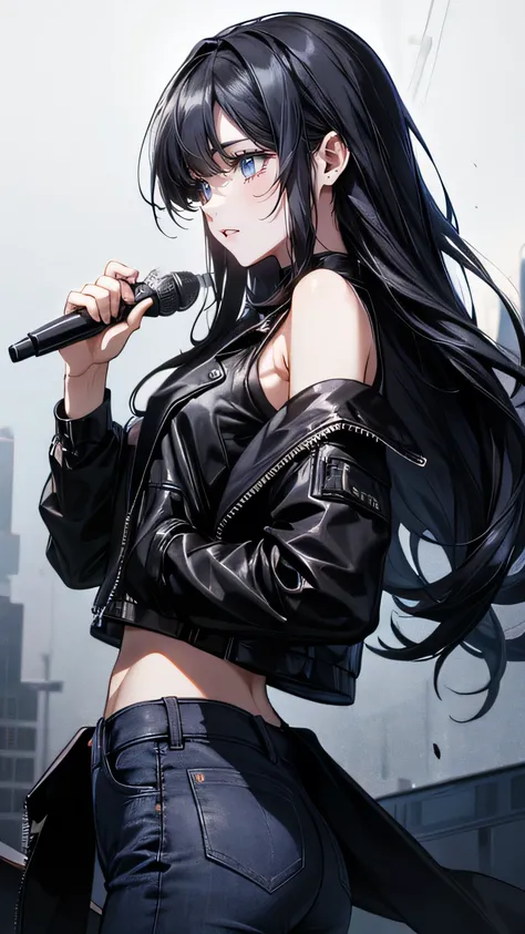  Anime Women, Black hair with semi-long hair ,blue eyes, asymmetrical bangs、Goth, Holding a microphone with both hands , I'm wearing a tank top and black jeans、Black leather jacket、sing、Put the microphone in your mouth、 mouths,((Furious))、solo、inverted eye...