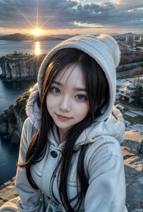 (masterpiece、Best Quality、Best Quality、High resolution、Real、RAW Photo 8k)、( Standing on a very high cliff 、Can you see the first sunrise :1.2)、
Japanese and Korean half Girl、Bright deep blue eyes、Sharp Eye、Thin Nose、Beautiful Face、Female 1 person、beautiful...