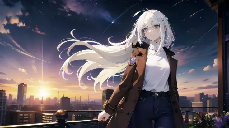 (masterpiece), (best quality), ultra detailed, finely detailed color, cenematic painting, bishoujo, ((one lady)), 20 years old girl, cute face, ((white hair:1.5)), absurdly long hair, straight hair, ((violet eyes:1.5)), standing, turtleneck sweater, long j...