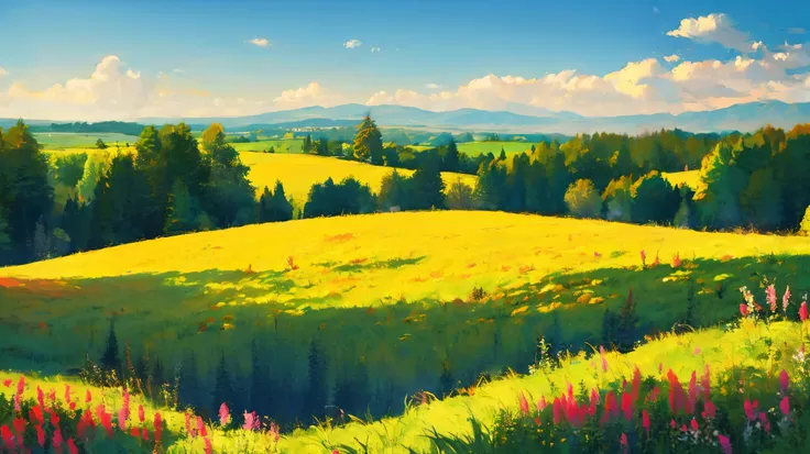 A is drawing with paint,Background meadow, Sky, looks up at the , Distant Scenery