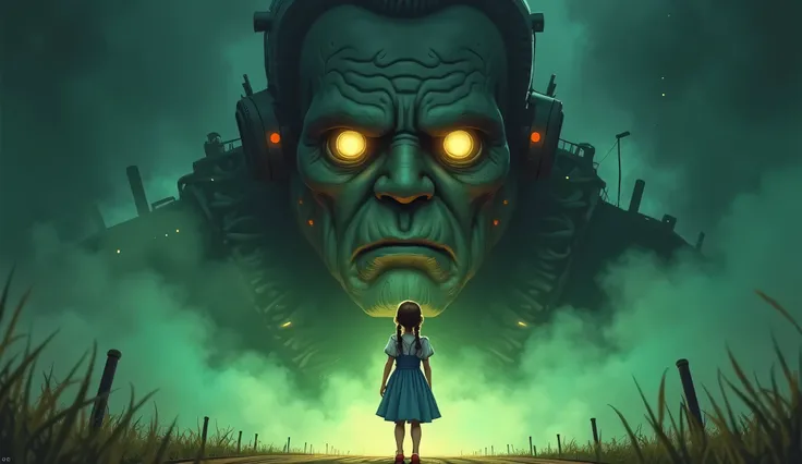  Illustration of the Wizard of Oz : dorothy,  a young girl with brown braids ,  stands in front of a big ,  impressive mechanical head .  She is wearing her iconic blue dress and red shoes.  The mechanical head has a frightening expression ,  with glowing ...