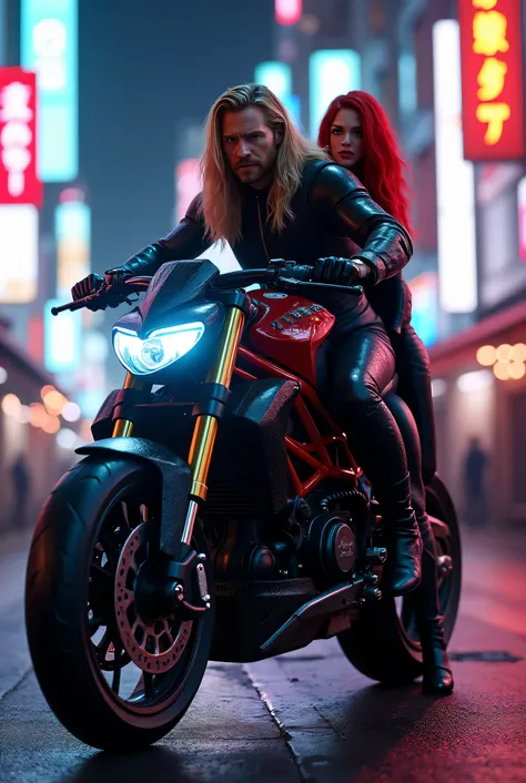 Image of Thor on a Ducati v4 motorcycle with his black widow in a sexy pose in the middle of Japan, Enhance the first colors 