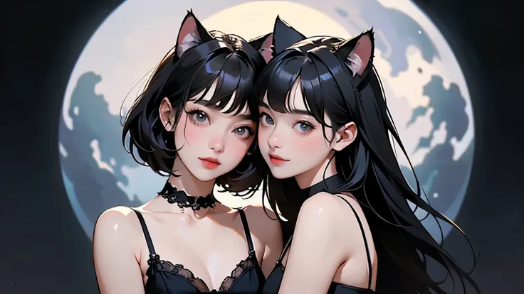 ( two girls :1.2)、whole body、( Gothic World Tea Party :1.2)、( gothic fashion :1.2)、( they are kissing each other )、 ( 、Please draw a cute face in detail )、 black hair、 short hair while on a business trip、 semi-long、 Bob...