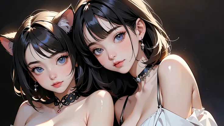( two girls :1.2)、whole body、( Gothic World Tea Party :1.2)、( gothic fashion :1.2)、( they are kissing each other )、 ( 、Please draw a cute face in detail )、 black hair、 short hair while on a business trip、 semi-long、 Bob...
