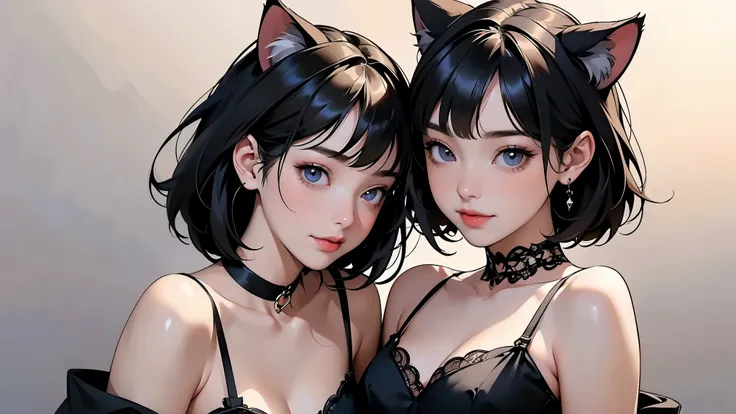 ( two girls :1.2)、whole body、( Gothic World Tea Party :1.2)、( gothic fashion :1.2)、( they are kissing each other )、 ( 、Please draw a cute face in detail )、 black hair、 short hair while on a business trip、 semi-long、 Bob...