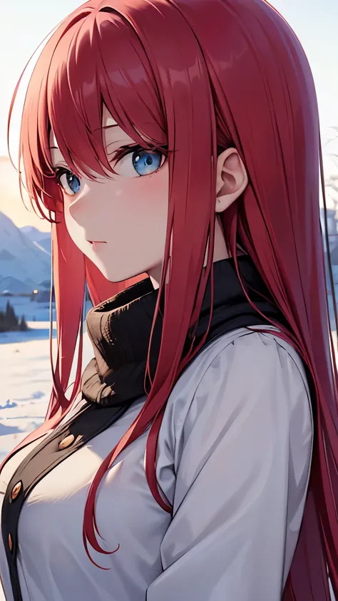 Anime girl character with flowing soft red hair, and wearing a dress, with a background winter (best quality:1.1), (masterpiece:1.2), high quality shadow, beautiful detailed, (high detailed skin, skin details), (wide_landscape, 8k), beautiful face, detaile...