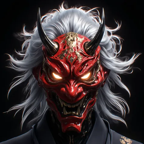Portrait mask, Mascará masculine,  masterpiece ,  high quality, 8K,  High resolution,  high detail, Japan, devil,  smile, forehead,  foreground, Mirando al espectador de forehead, neon red, Japanese demonic mask , Oni Style , man,  extremely detailed and s...