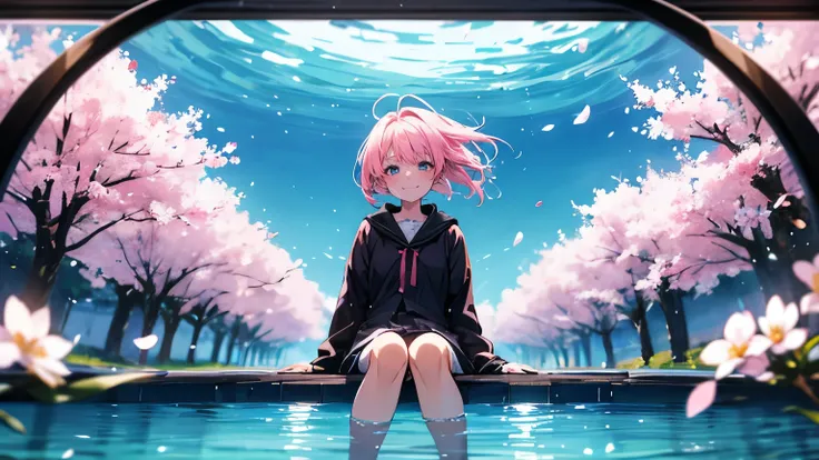 anime， 1 girl sitting underwater, cherry blossoms，spring， smiles,  Pink Hair ,  short,  hair that flutters in the wind,  character,  standing picture,  displayed sideways, View from the outside,  has a lot of white space,  Hair Flower, Blurred,  Proximity ...