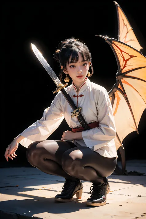 Smoky makeup:2，Black eyeshadow:2，Black lips:2,anatomical correct:2,solo,1sword
xuer ai yazawa style girl,1 Girl,Solitary,Black Hair,Hair Bun,Chinese clothes,Keep,Keep weapon,twice as good,Bangs,blunt Bangs,One knee,looking at the audience,Jewelry,earrings,...