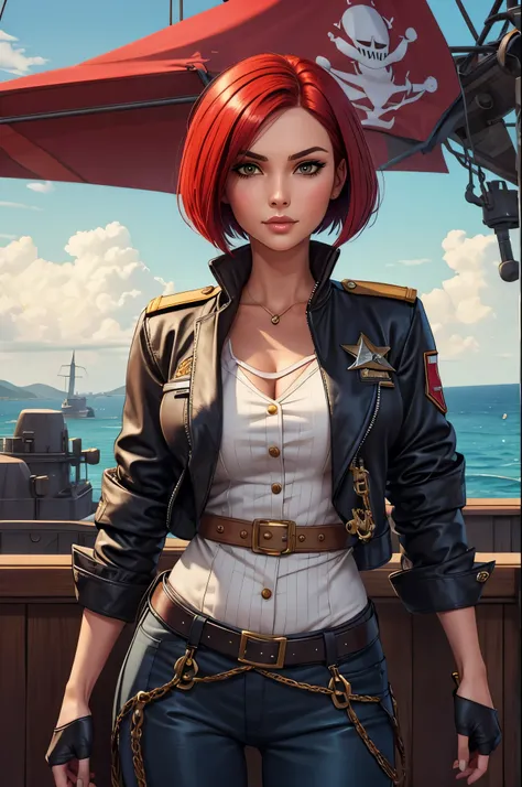 red bob cut, beautiful woman, starship captain, short jacket, cowboy shot, flirty, military bearing, standing, pirate