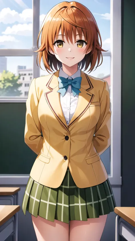 masterpiece, best quality, highres, aariko, short hair, brown eyes, school uniform, blue bowtie, blazer, yellow jacket, long sleeves, plaid skirt, green skirt, standing, arms behind back,cowboy shot, smile, glossy lips, classroom ,from front