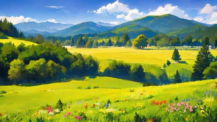 A is drawing with paint,Background meadow, Sky, looks up at the , Distant Scenery