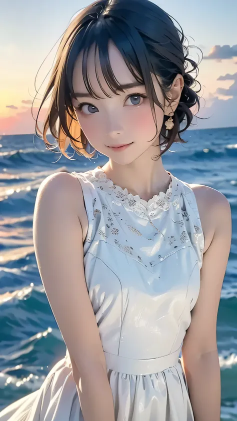 one girl, (12years old:1.4),(Very Young Face), (japan Person famous idol), face, cute face, ash gray hair:1.5, bob hair, short hair, camera's line of sight, small breasts, An ennui look, (dress:1.4) , particles of light, sea of ​​sunset, calm sea, white sa...