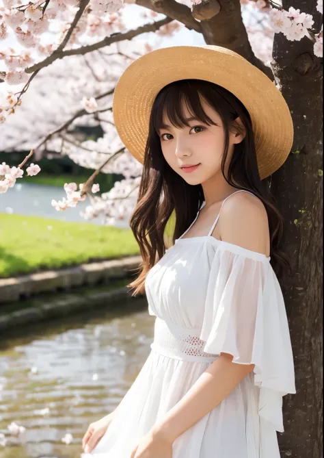 Sexy sensual japanese daughter, white dress, straw hat, in Cherry blossom scenery