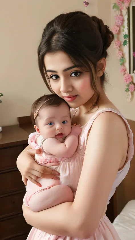 Bedroom photo of 20yo in school school photo in school masterpiece, (photorealistic:1.4), best quality, beautiful lighting, skirt and tank top, Eleanor Pakistani girl with his cute little new born beautiful boy baby with cute pic 20yo Old Plus Size Mod...