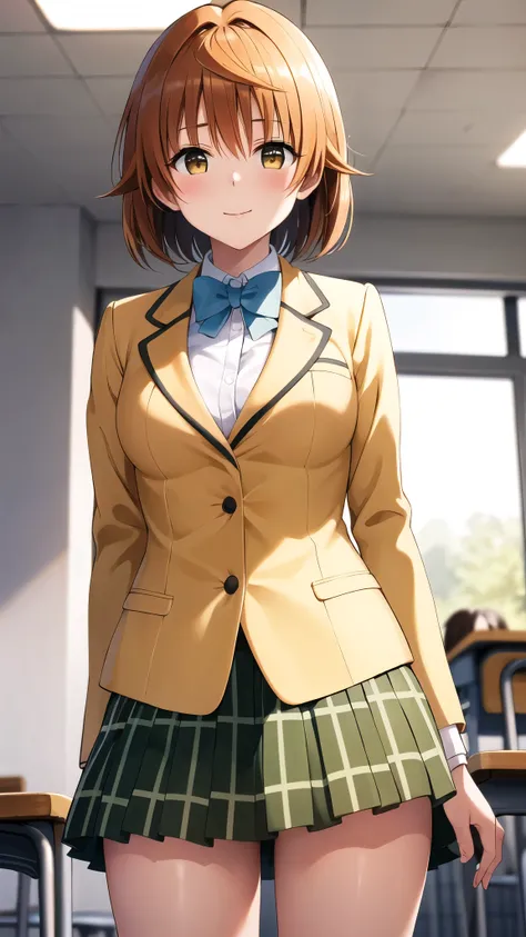 masterpiece, best quality, highres, aariko, short hair, brown eyes, school uniform, blue bowtie, blazer, yellow jacket, long sleeves, plaid skirt, green skirt, standing, arms behind back,cowboy shot, glossy lips, closed mouth, classroom ,from below