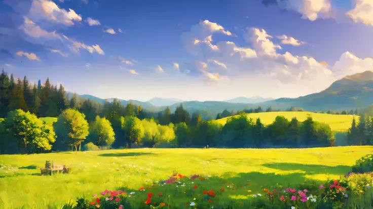 A is drawing with paint,Background meadow, Sky, looks up at the , Distant Scenery