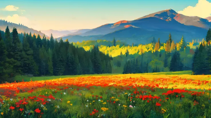 A is drawing with paint,Background meadow, Sky, looks up at the , Distant Scenery