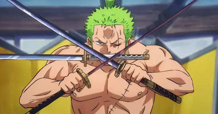 a close up of a person holding two swords in their hands, roronoa zoro, from one piece, best anime character design, one piece artstyle, most strongest pose, joker looks like naruto, safebooru realistic image, dio brando, badass pose, norihiro yagi, seven ...