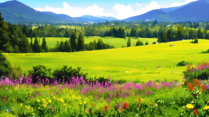 A is drawing with paint,Background meadow, Sky, looks up at the , Distant Scenery