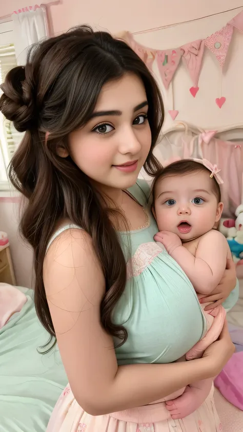Bedroom photo of 20yo in school school photo in school masterpiece, (photorealistic:1.4), best quality, beautiful lighting, skirt and tank top, Eleanor Pakistani girl with his cute little new born beautiful boy baby with cute pic 20yo Old Plus Size Mod...