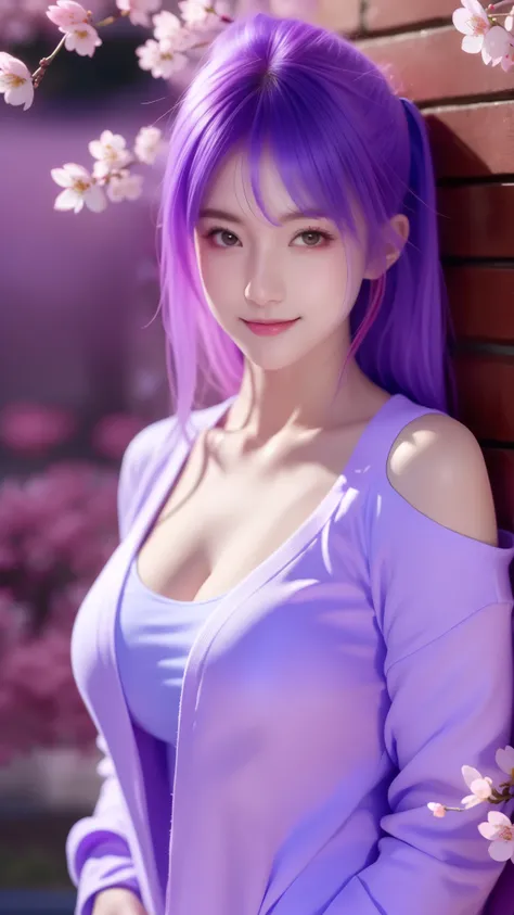 （masterpiece, Need,1girll, Solo, Intricate detail, Up view, color difference), real photo,(front), (shoulder cut), slit, Close-up, smile, Enhance sexy look,Yae Miko, Purple blue hair, purple blue highlights, purple eyes, sharp look, perfectly symmetrical f...