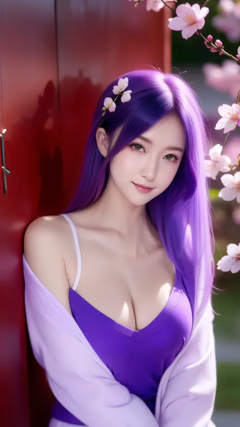 （masterpiece, Need,1girll, Solo, Intricate detail, Up view, color difference), real photo,(front), (shoulder cut), slit, Close-up, smile, Enhance sexy look,Yae Miko, Purple blue hair, purple blue highlights, purple eyes, sharp look, perfectly symmetrical f...