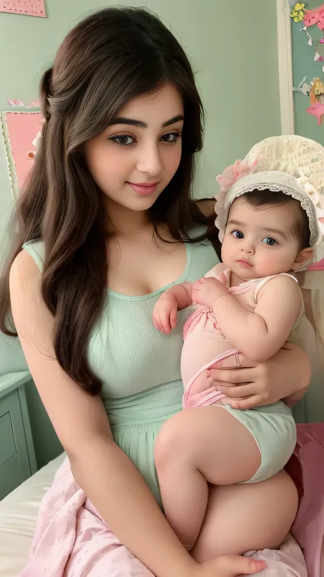 Bedroom photo of 20yo in school school photo in school masterpiece, (photorealistic:1.4), best quality, beautiful lighting, skirt and tank top, Eleanor Pakistani girl with his cute little new born beautiful boy baby with cute pic 20yo Old Plus Size Mod...