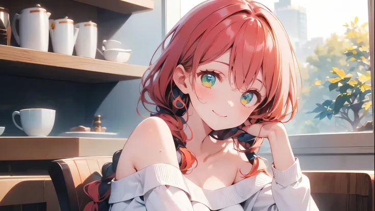 ((best quality)), ((masterpiece)), (detailed), 1girl, off-shoulder sweater, twin-braids orange-reddish hair, green eyes, some freckles on her cheeks, smile to viewer, morning, sitting in the coffee shop, upper half body image.