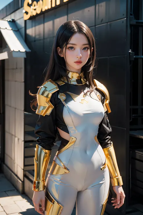 ((masterpiece, best quality, extremely detailed), volumetric lighting, ambient occlusion, colorful, glowing), 1girl, solo, young girl, (dark hair), long hair, halo, aura, sacred, goddess, cleric suit, (white outfit with gold detailst:1.3), armor, outdoors,...