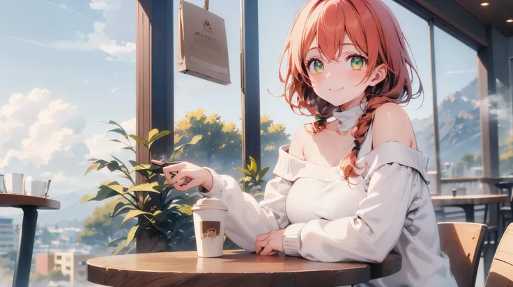 ((best quality)), ((masterpiece)), (detailed), 1girl, off-shoulder sweater, twin-braids orange-reddish hair, green eyes, some freckles on her cheeks, smile to viewer, morning, in the coffee shop, sitting across table from the viewer, on the table is a cup ...