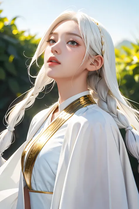 best quality, masterpiece,white hair, gold eyes,white clothes, looking up, upper body,hair strand,Fair skin,side braids