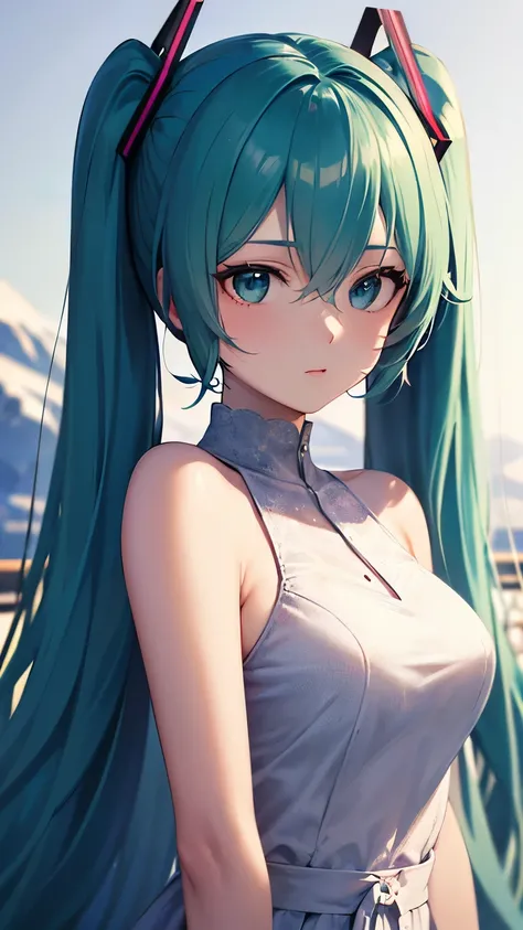 Anime girl  hatsune miku character with flowing hair, and wearing a dress, with a background winter (best quality:1.1), (masterpiece:1.2), high quality shadow, beautiful detailed, (high detailed skin, skin details), (wide_landscape, 8k), beautiful face, de...