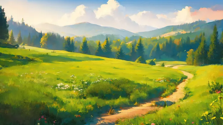 A is drawing with paint,Background meadow, Sky, looks up at the , Distant Scenery , landscape