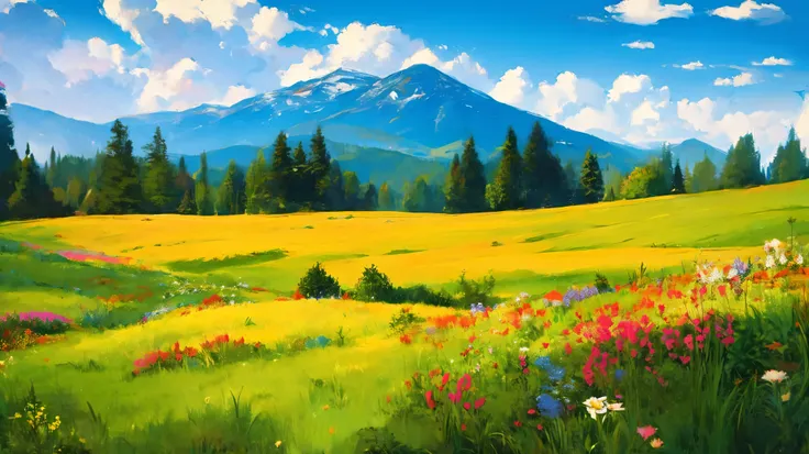 A is drawing with paint,Background meadow, Sky, looks up at the , Distant Scenery , landscape