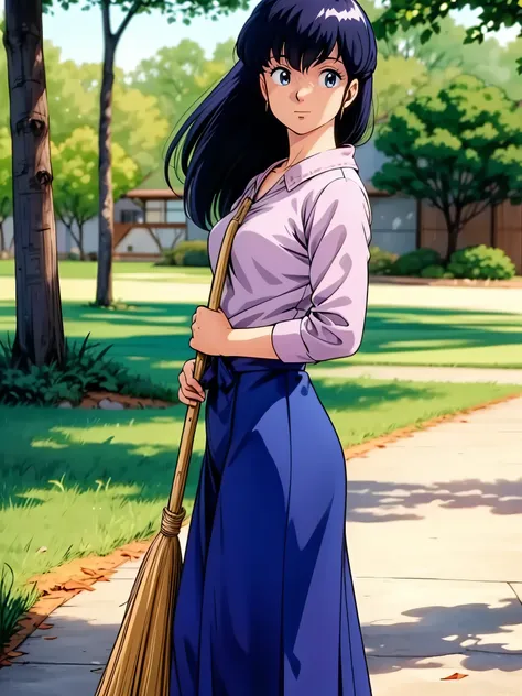 A peaceful courtyard surrounded by lush greenery, with the classic charm of the Maison Ikkoku boarding house in the background. Kyoko Otonashi stands gracefully at the center, holding a traditional straw broom as she sweeps the stone pathway. Her outfit is...