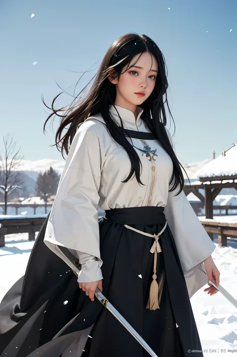 Young woman, Black hair, Wearing black medieval European clothing, Walking in the falling snow, A white spear is in her left hand., There is a large white magic circle., Manga drawing style, realistic 2.5D