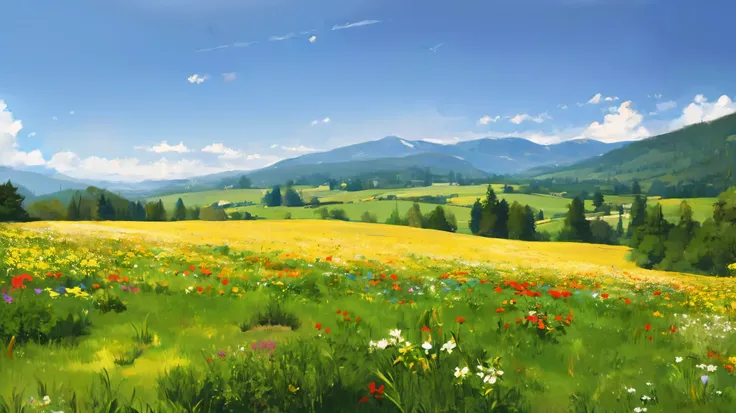 A is drawing with paint,Background meadow, Sky, looks up at the , Distant Scenery , landscape