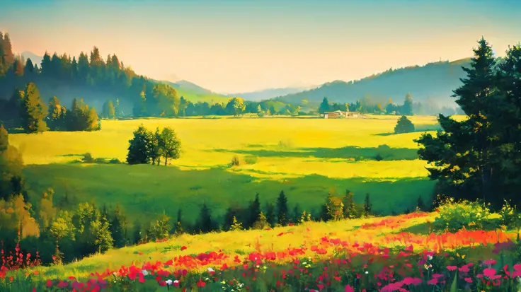 A is drawing with paint,Background meadow, Sky, looks up at the , Distant Scenery , landscape