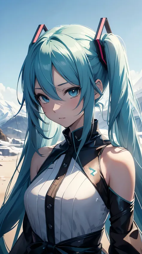 Anime girl  hatsune miku character with flowing hair, and wearing a dress, with a background winter (best quality:1.1), (masterpiece:1.2), high quality shadow, beautiful detailed, (high detailed skin, skin details), (wide_landscape, 8k), beautiful face, de...