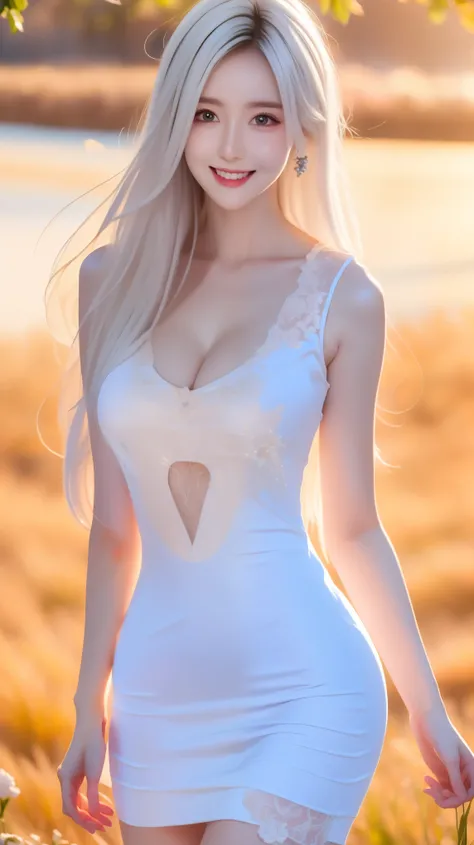 A masterpiece of 16k, the highest resolution, every detail, meticulousness, depth of field, bright colors, beautiful composition: a age girl with white hair and very detailed innocent eyes, standing on a dark spring landscape. sexy silk dresses. sexy smile...