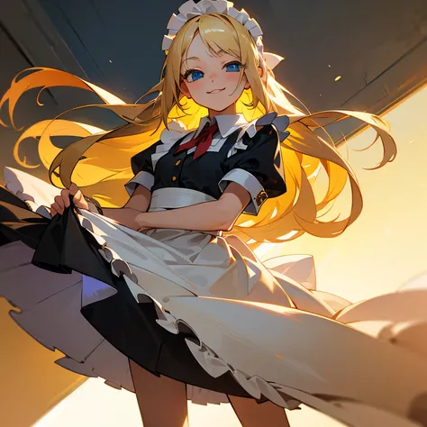 (( Best quality )), (( Masterpiece )), ( Details ), Girl, Loli, Short, Maid, Long blonde hair, Blue eyes, Both hands holding the hem of the skirt and lifting it slightly, Eyes closed, Smiling 