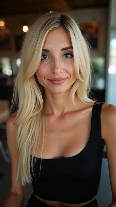 This is a beautiful closeup photograph of a woman, she has long straight blonde hair swept to one side and dark blue eyes. Wearing a form fitting black dress, Sitting in a cafe. Flirting at the viewer. Smile, Captured with a Sony A7R IV camera and a 50...