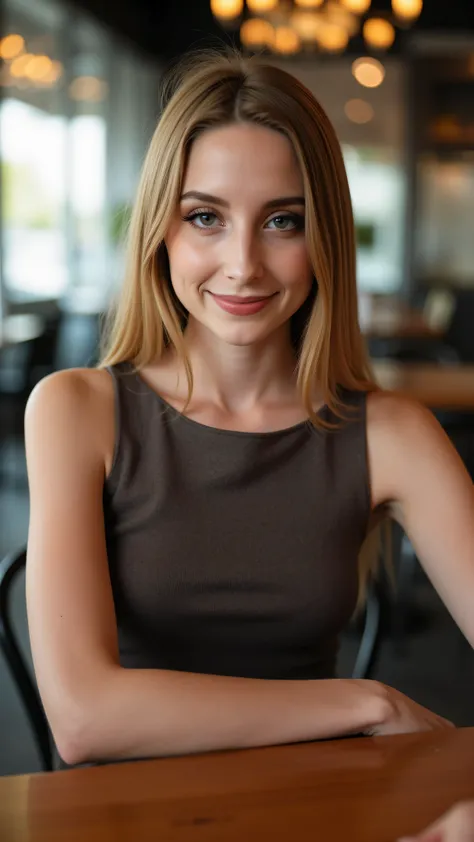This is a beautiful  closeup photograph of a woman, she has long straight blonde hair and dark blue eyes.  Wearing a form fitting  boatneck dress,  Sitting in a cafe. Flirting at the viewer. Smile, Captured with a Sony A7R IV camera and a 50mm f/1.2 G Mast...